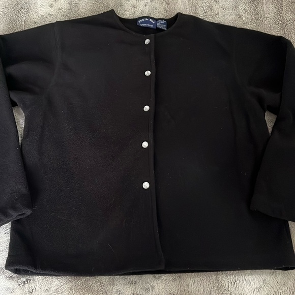 Black fleece cardigan jacket M pearlized buttons vintage classic South Bay Sport - Picture 1 of 4